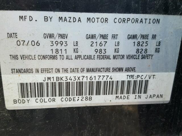 JM1BK343X71617774 - 2007 MAZDA 3 HATCHBAC BLACK photo 10