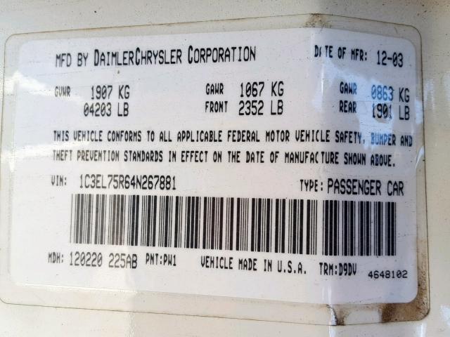 1C3EL75R64N267881 - 2004 CHRYSLER SEBRING GT WHITE photo 10