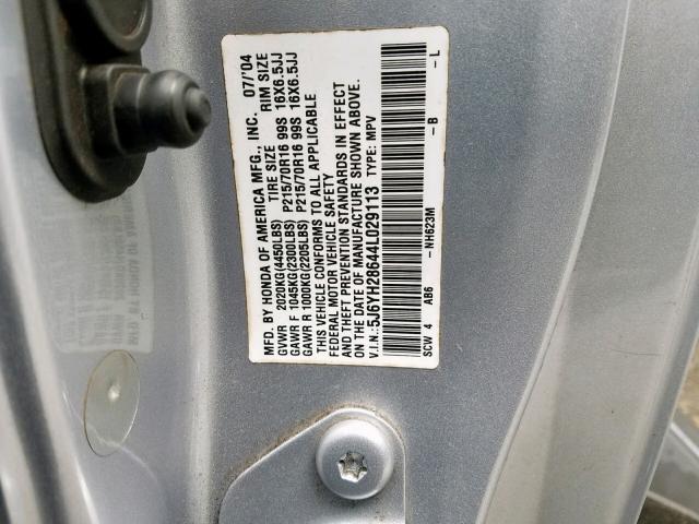 5J6YH28644L029113 - 2004 HONDA ELEMENT EX SILVER photo 10