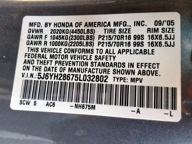 5J6YH28675L032802 - 2005 HONDA ELEMENT EX GRAY photo 10