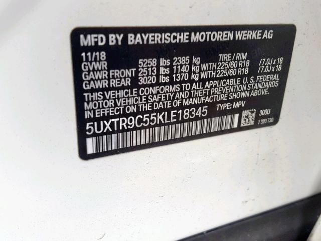 5UXTR9C55KLE18345 - 2019 BMW X3 XDRIVE3 WHITE photo 10