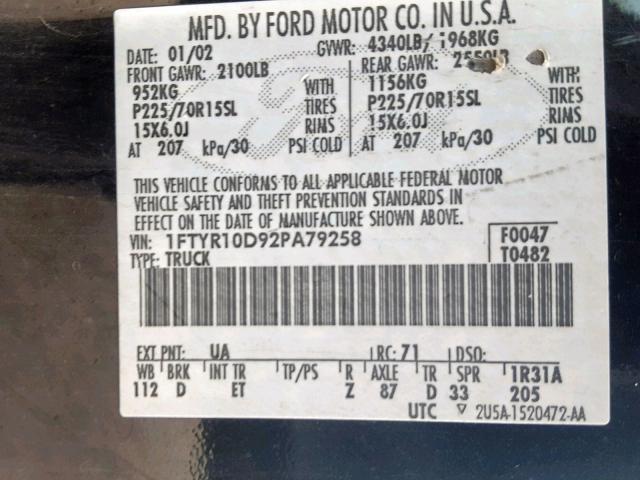 1FTYR10D92PA79258 - 2002 FORD RANGER BLACK photo 10