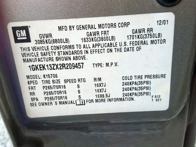 1GKEK13ZX2R209457 - 2002 GMC YUKON GOLD photo 10