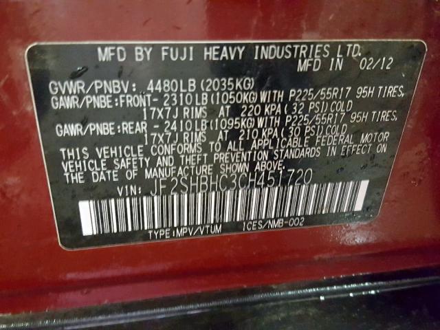 JF2SHBHC3CH451720 - 2012 SUBARU FORESTER T MAROON photo 10