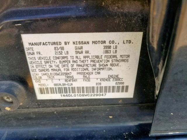 1N4DL01D8WC229047 - 1998 NISSAN ALTIMA XE BLACK photo 10