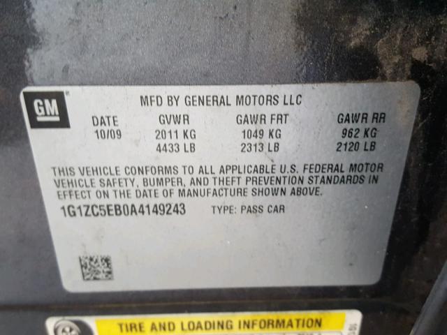 1G1ZC5EB0A4149243 - 2010 CHEVROLET MALIBU 1LT ნაცრისფერი ფოტო 10