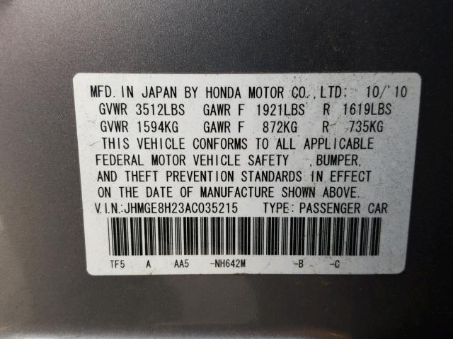 JHMGE8H23AC035215 - 2010 HONDA FIT GRAY photo 10