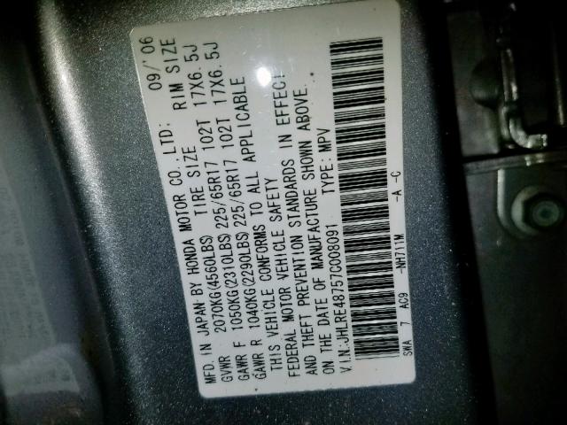 JHLRE48757C008091 - 2007 HONDA CR-V EXL SILVER photo 10