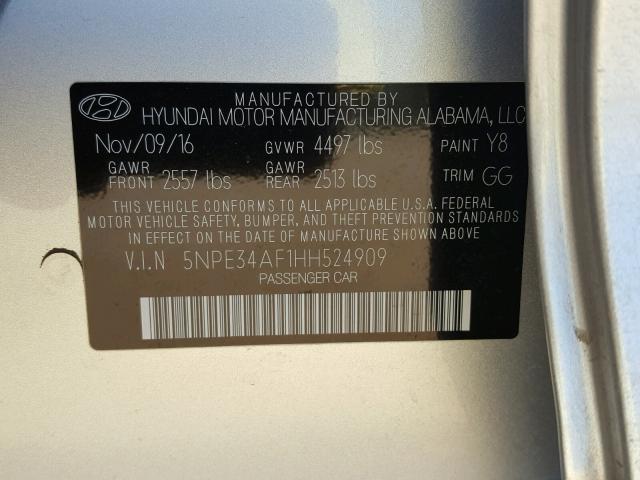 5NPE34AF1HH524909 - 2017 HYUNDAI SONATA SPO SILVER photo 10