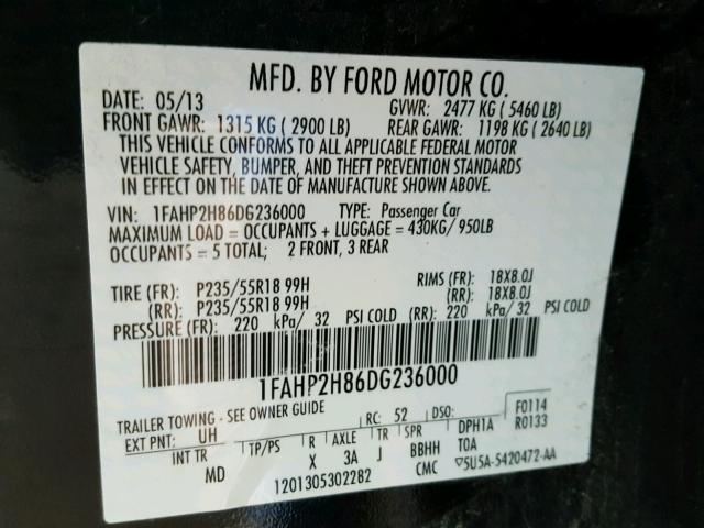 1FAHP2H86DG236000 - 2013 FORD TAURUS SEL BLUE photo 10