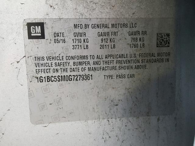 1G1BC5SM0G7279361 - 2016 CHEVROLET CRUZE LS SILVER photo 10