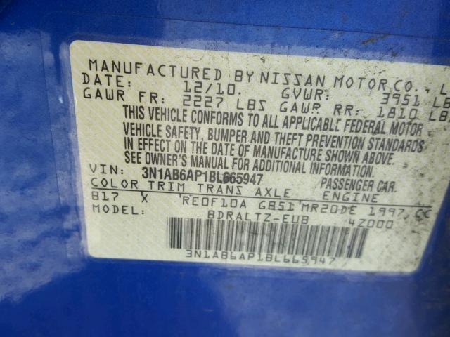 3N1AB6AP1BL665947 - 2011 NISSAN SENTRA 2.0 BLUE photo 10