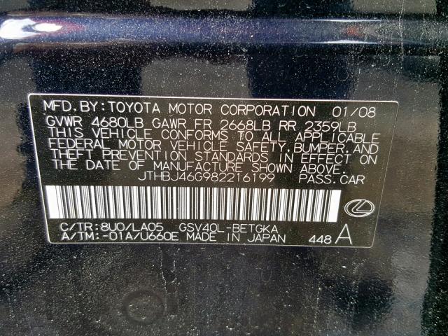 JTHBJ46G982216199 - 2008 LEXUS ES 350 BLACK photo 10