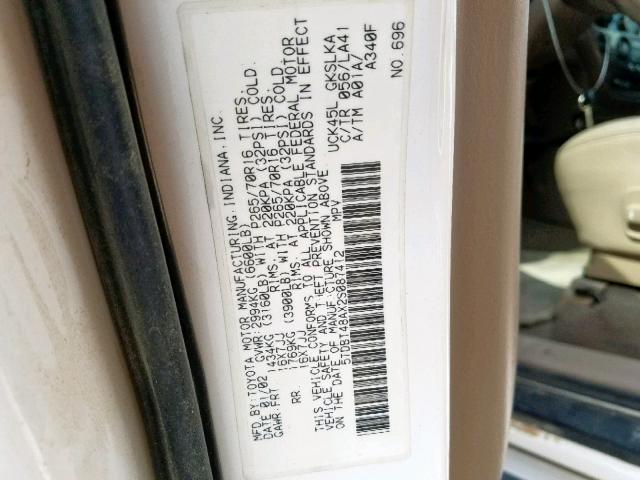 5TDBT48AX2S087412 - 2002 TOYOTA SEQUOIA LI WHITE photo 10