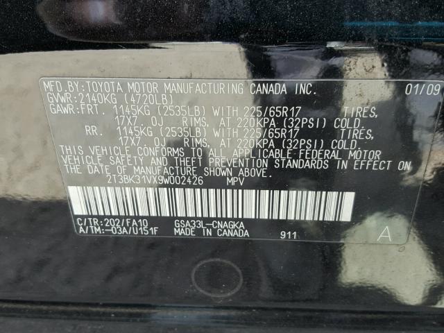 2T3BK31VX9W002426 - 2009 TOYOTA RAV4 LIMIT BLACK photo 10