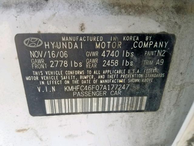 KMHFC46F07A177247 - 2007 HYUNDAI AZERA SE WHITE photo 10