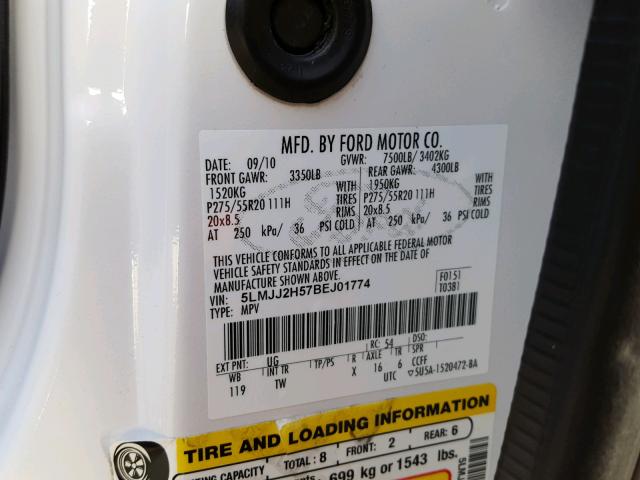 5LMJJ2H57BEJ01774 - 2011 LINCOLN NAVIGATOR 白色 照片 10