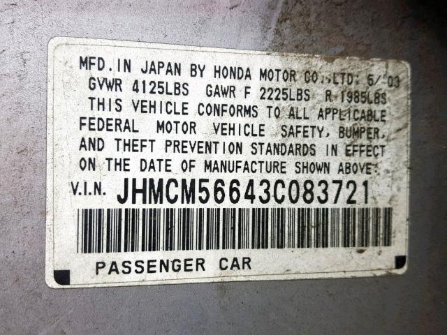 JHMCM56643C083721 - 2003 HONDA ACCORD EX SILVER photo 10