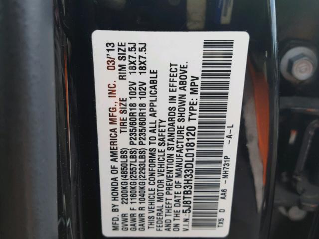 5J8TB3H33DL018120 - 2013 ACURA RDX BASE BLACK photo 10