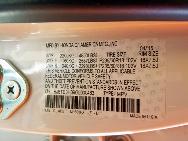 5J8TB3H39GL000483 - 2016 ACURA RDX WHITE photo 10