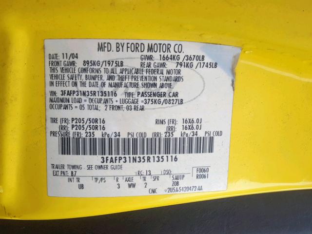 3FAFP31N35R135116 - 2005 FORD FOCUS ZX3 YELLOW photo 10