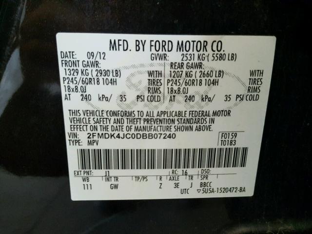 2FMDK4JC0DBB07240 - 2013 FORD EDGE SEL BROWN photo 10