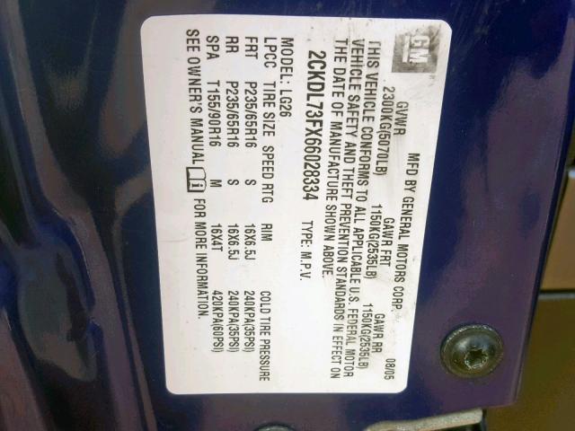 2CKDL73FX66028334 - 2006 PONTIAC TORRENT BLUE photo 10