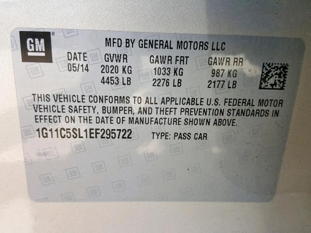 1G11C5SL1EF295722 - 2014 CHEVROLET MALIBU 1LT 金色 照片 10