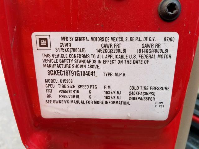 3GKEC16T91G104041 - 2001 GMC YUKON XL C RED photo 10