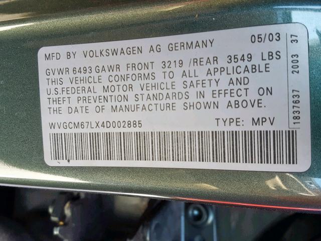 WVGCM67LX4D002885 - 2004 VOLKSWAGEN TOUAREG 4. GREEN photo 10