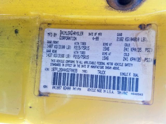 1B7FL26X4XS270039 - 1999 DODGE DAKOTA YELLOW photo 10