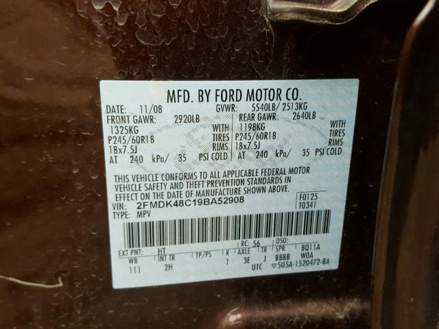 2FMDK48C19BA52908 - 2009 FORD EDGE SEL BROWN photo 10