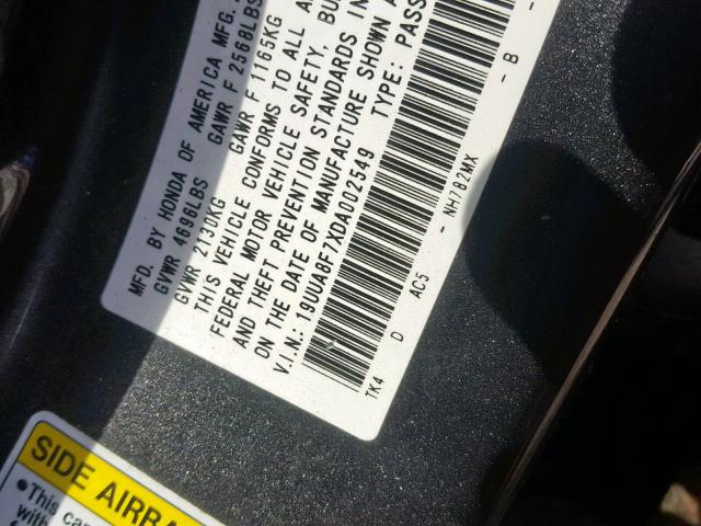 19UUA8F7XDA002549 - 2013 ACURA TL ADVANCE GRAY photo 10