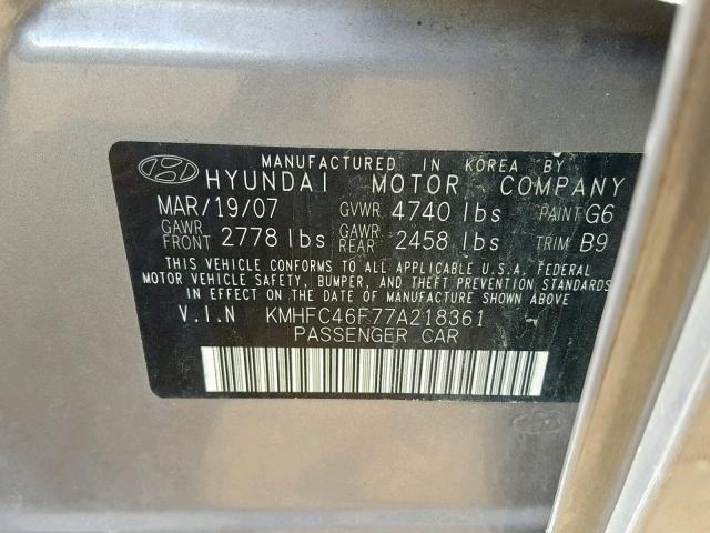 KMHFC46F77A218361 - 2007 HYUNDAI AZERA SE GRAY photo 10