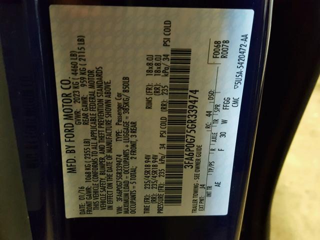 3FA6P0G75GR339474 - 2016 FORD FUSION S BLUE photo 10