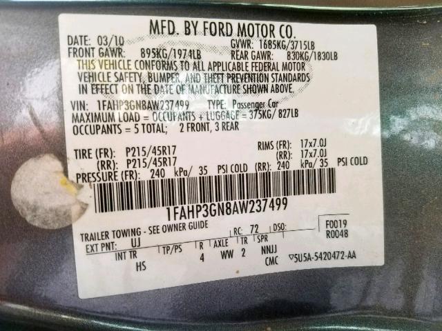 1FAHP3GN8AW237499 - 2010 FORD FOCUS SES GRAY photo 10