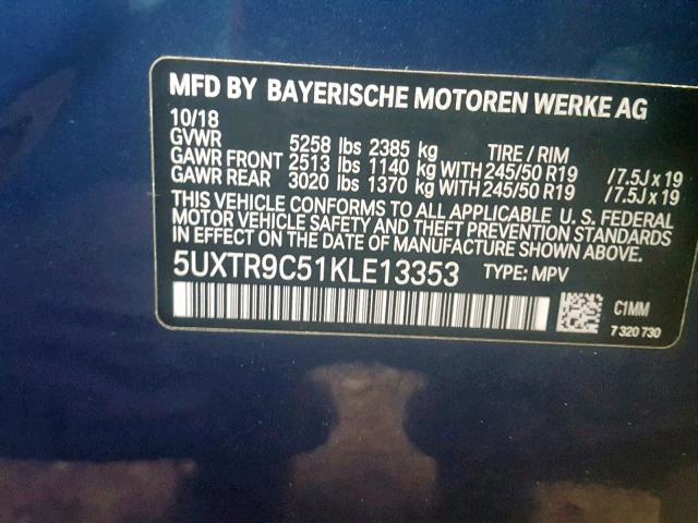 5UXTR9C51KLE13353 - 2019 BMW X3 XDRIVE3 BLUE photo 10