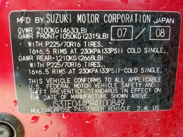 JS3TE044894100849 - 2009 SUZUKI GRAND VITA RED photo 10