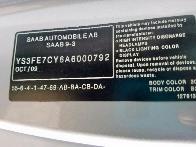 YS3FE7CY6A6000792 - 2010 SAAB 9-3 2.0T SILVER photo 10