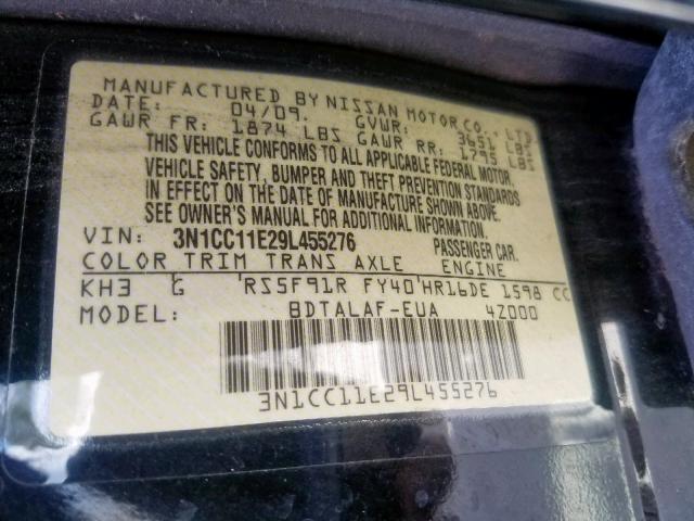 3N1CC11E29L455276 - 2009 NISSAN VERSA S BLACK photo 10