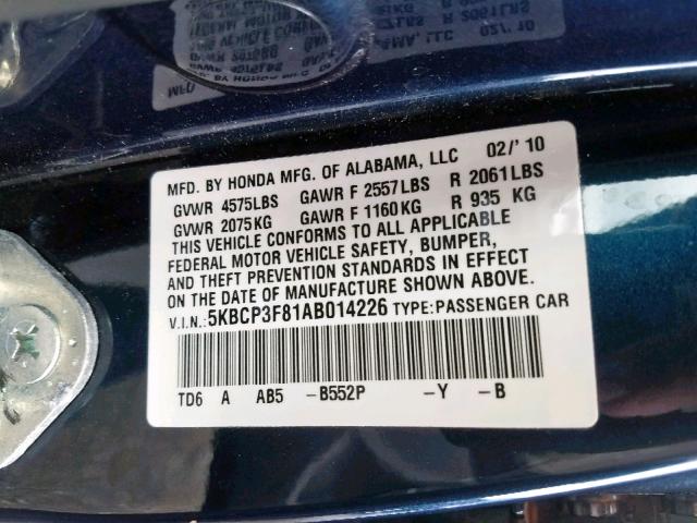 5KBCP3F81AB014226 - 2010 HONDA ACCORD EXL BLUE photo 10