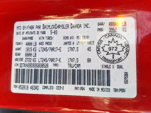 3D7KA28D93G838526 - 2003 DODGE RAM 2500 S წითელი ფოტო 10