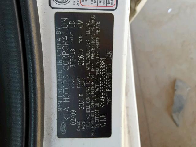 KNAFE222995663361 - 2009 KIA SPECTRA EX WHITE photo 10