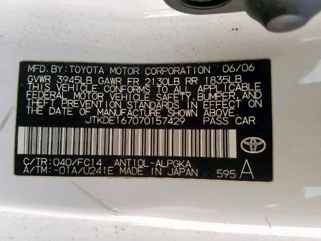 JTKDE167070157429 - 2007 TOYOTA SCION TC თეთრი ფოტო 10