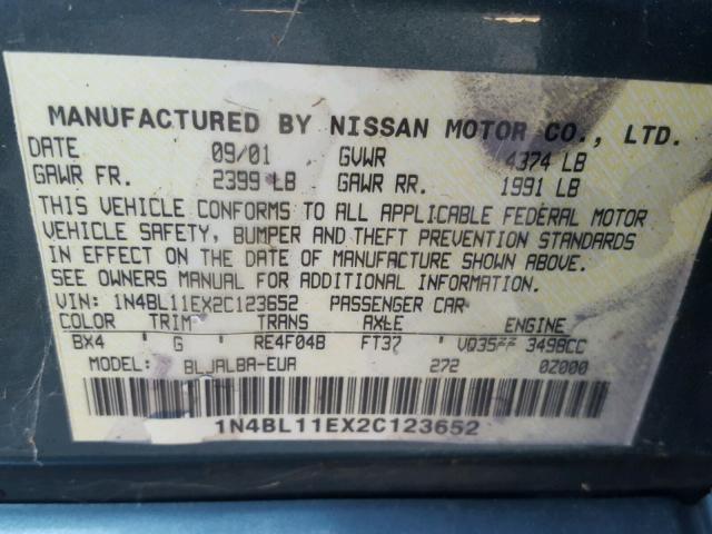 1N4BL11EX2C123652 - 2002 NISSAN ALTIMA SE BLUE photo 10