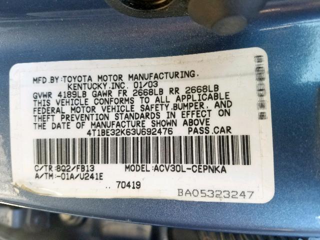 4T1BE32K63U692476 - 2003 TOYOTA CAMRY LE BLUE photo 10
