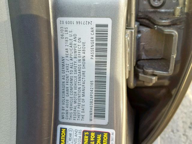 WVWRH63B24P042165 - 2004 VOLKSWAGEN PASSAT GLX 灰色 照片 10