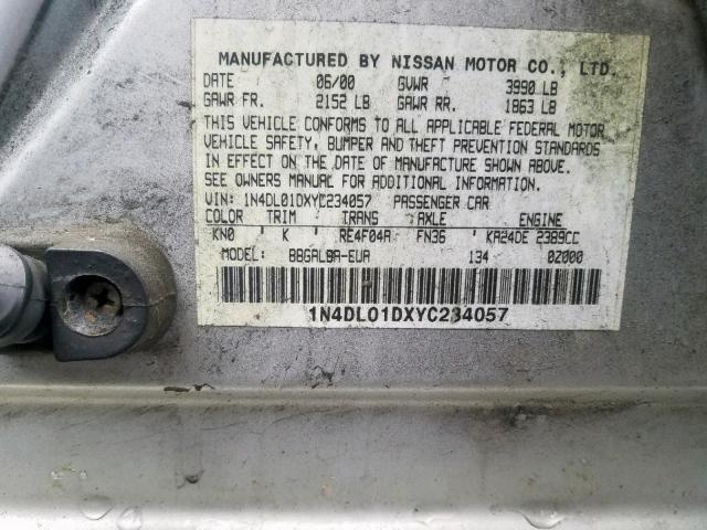 1N4DL01DXYC234057 - 2000 NISSAN ALTIMA XE SILVER photo 10