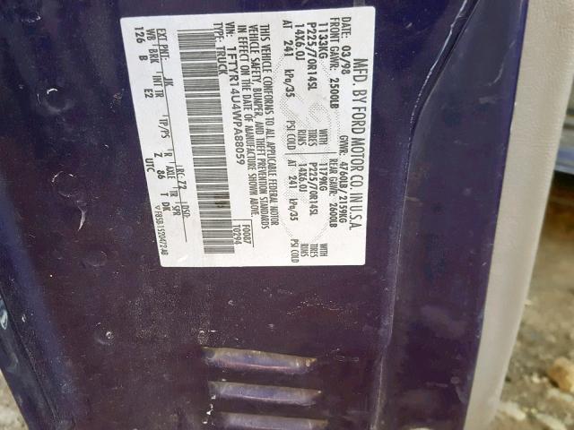 1FTYR14U4WPA88059 - 1998 FORD RANGER SUP BLUE photo 10