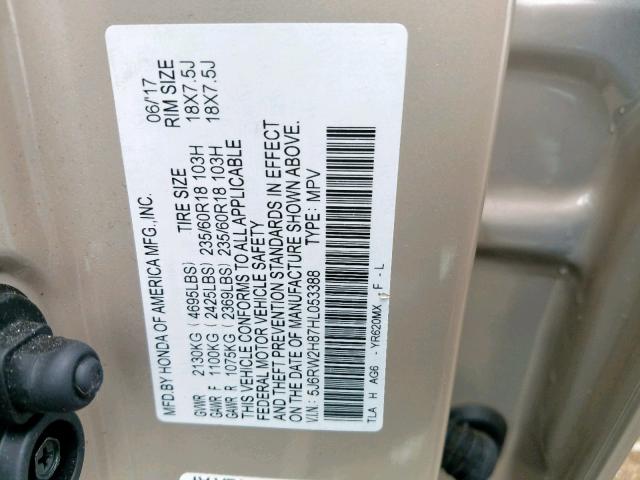 5J6RW2H87HL053388 - 2017 HONDA CR-V EXL BEIGE photo 10